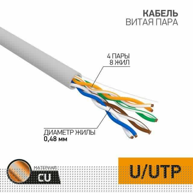 Кабель витая пара U/UTP кат.5E 4х2х24AWG медь сер. (м) PROCONNECT 01-0052